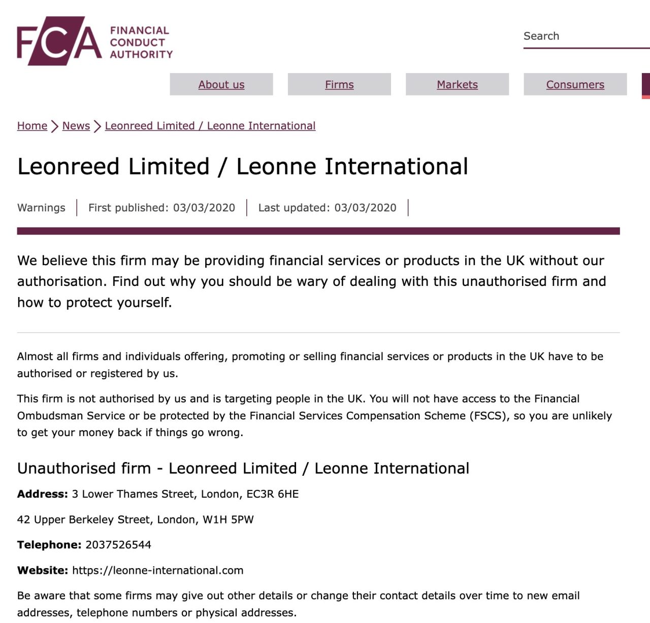 FCA Warning on Leonne International