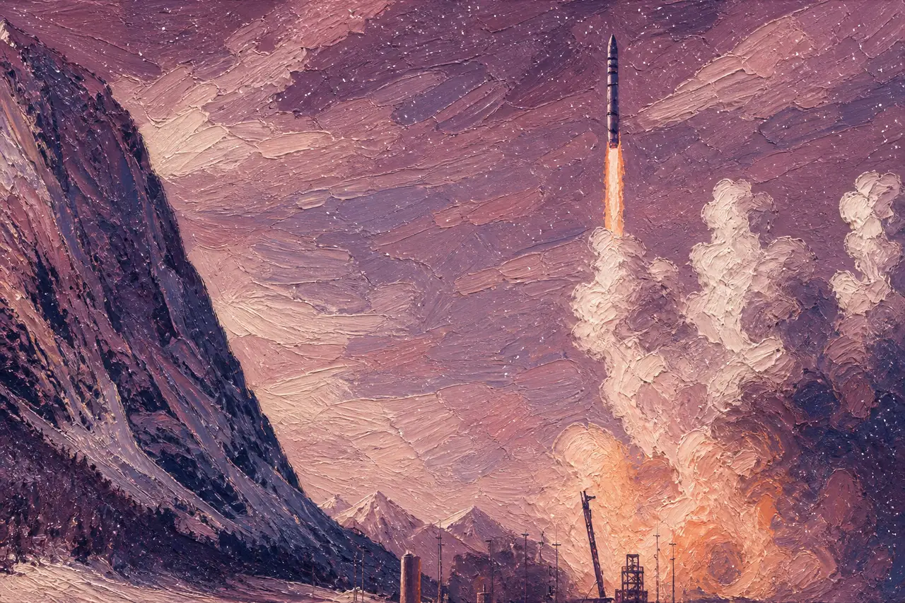 AI-stylized painting: Spectrum lifting off from Andøya Spaceport on Flight 2, thick impasto indigo/mauve palette