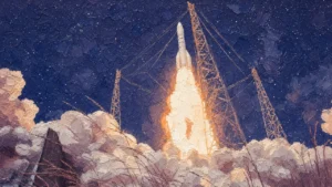 Painting-style illustration: Ariane 6 with four boosters lifting off between three lightning towers above white smoke and tall grass