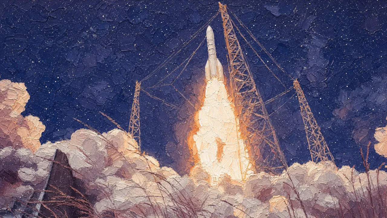 Painting-style illustration: Ariane 6 with four boosters lifting off between three lightning towers above white smoke and tall grass