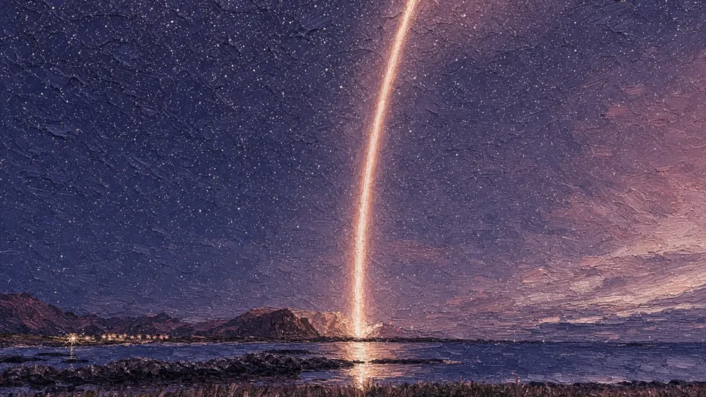Painting-style illustration: a rocket's bright launch trail rising over a bay and mountains at Andøya at night