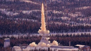 Painting-style illustration: TEXUS 50 sounding rocket lifting off at Esrange Space Center in winter