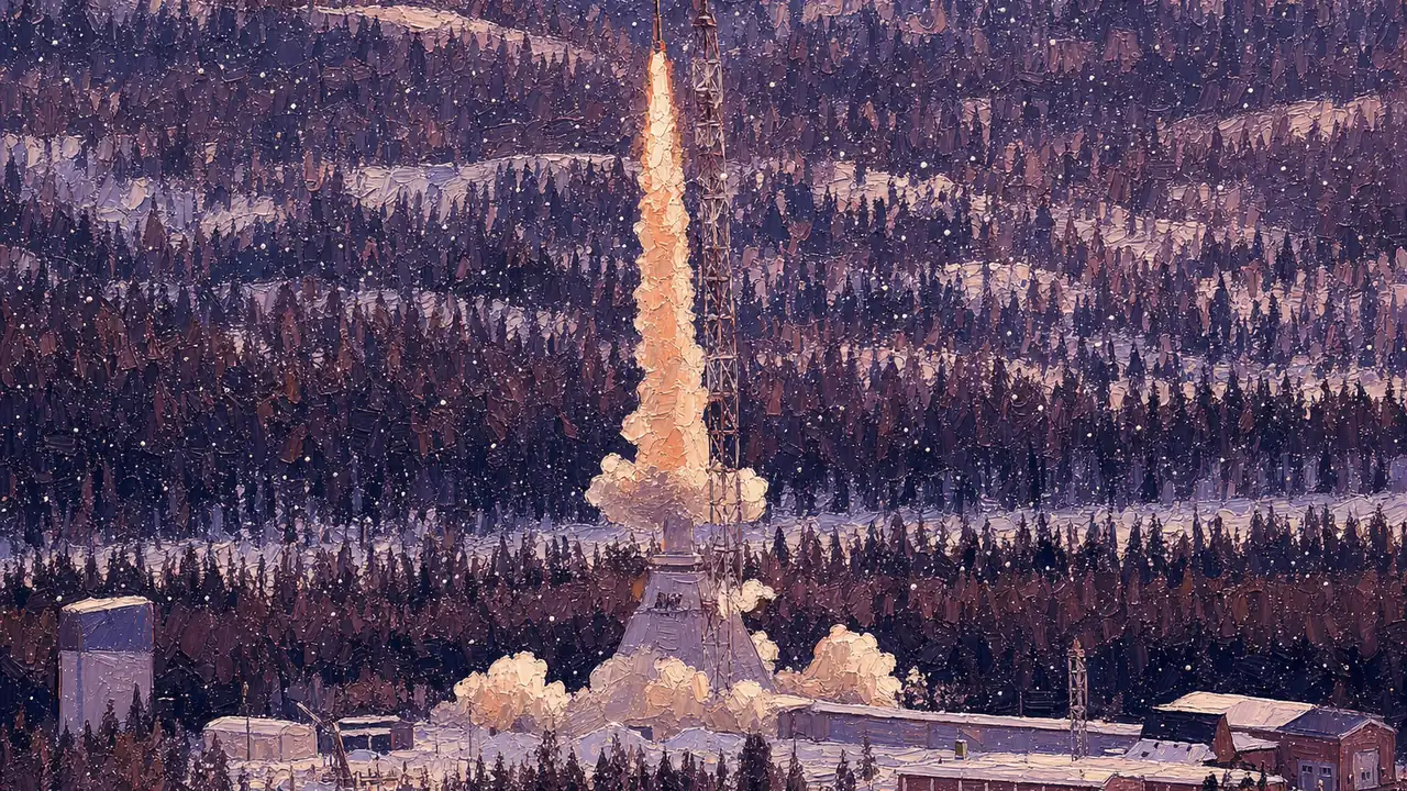 Painting-style illustration: TEXUS 50 sounding rocket lifting off at Esrange Space Center in winter