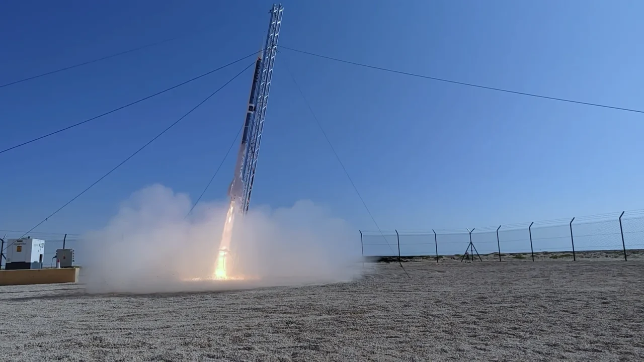 Duqm-1 sounding rocket liftoff from the Genesis lattice launch rail at Etlaq