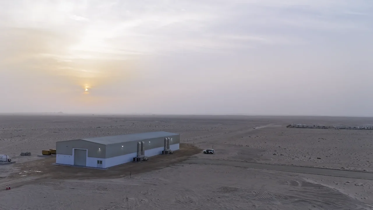 Vehicle integration hangar at the Etlaq Genesis site in the Duqm desert