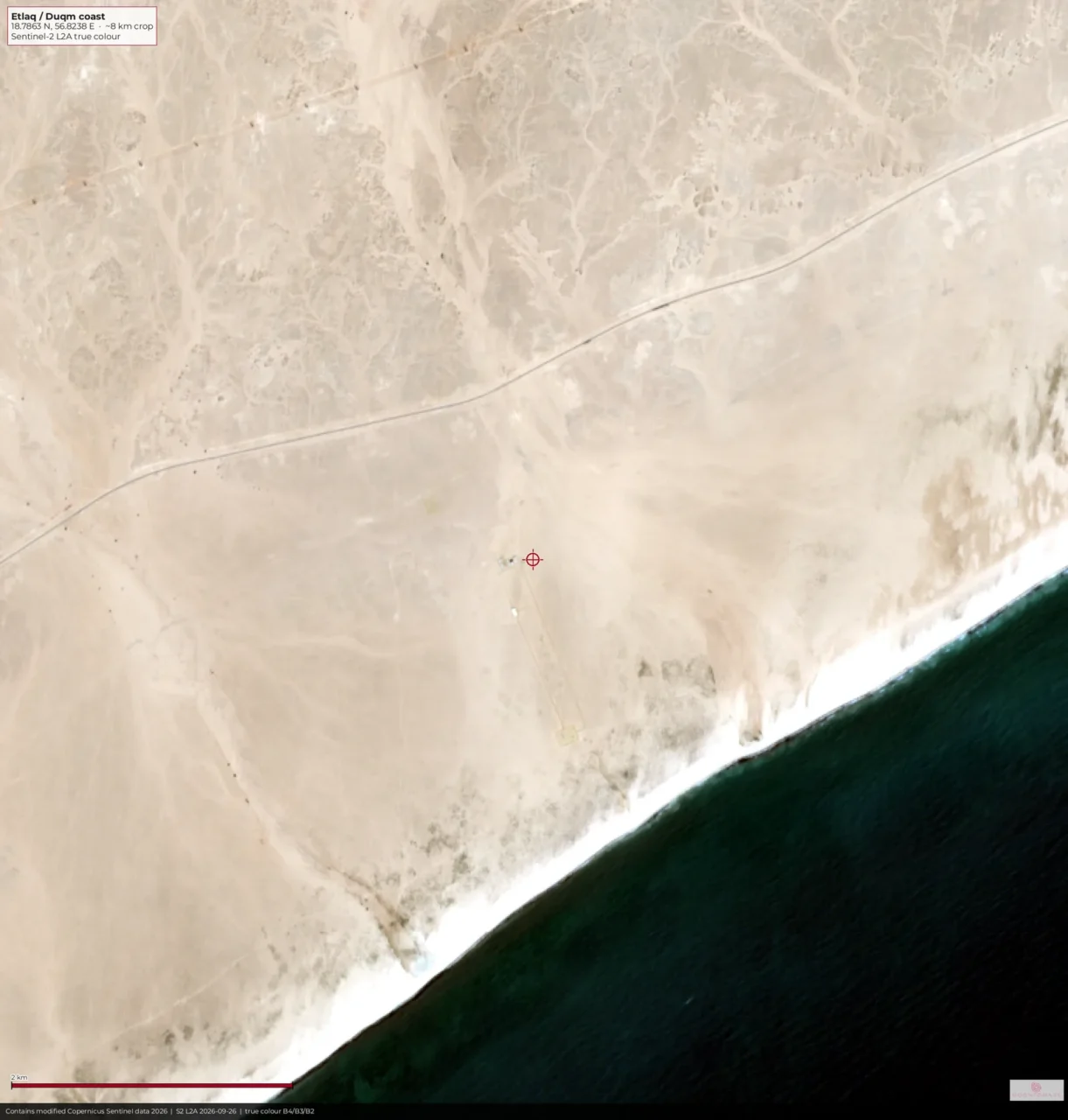 Sentinel-2 true-colour view of the Etlaq Genesis compound footprint about 8 km wide on the Duqm coast