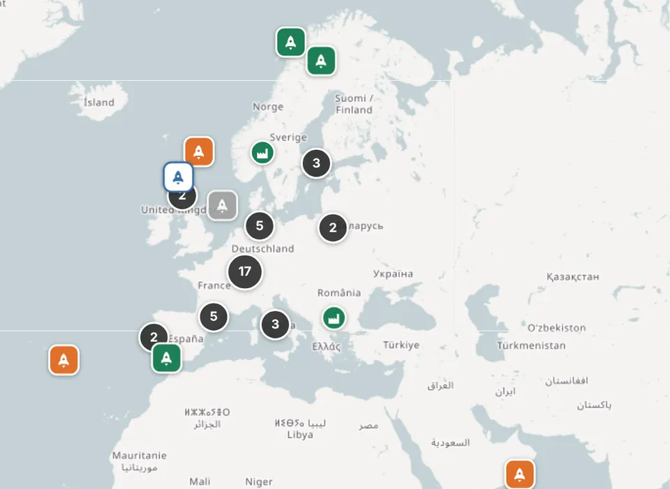 Map of Europe, French Guiana and Oman with markers for launch sites, rocket factories, offices, test sites and space agencies