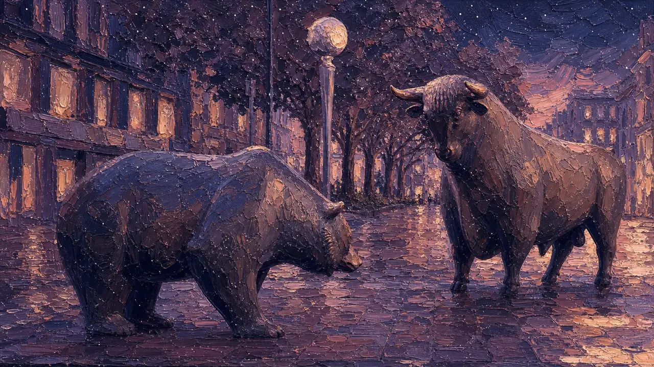 Painting-style illustration: the bronze bull and bear statues in front of the Frankfurt Stock Exchange at dusk