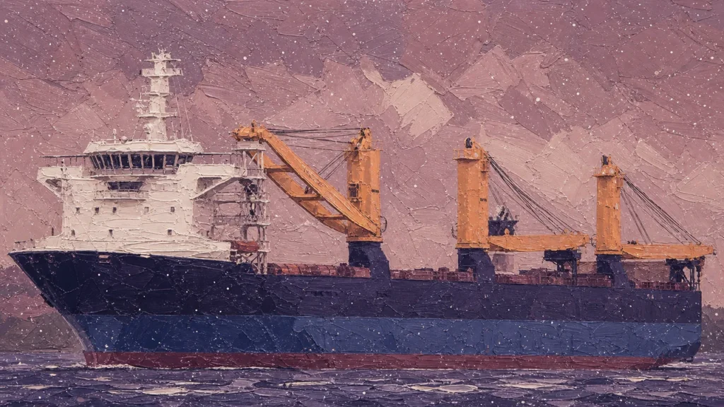 Painting-style illustration: a heavy-lift cargo ship with three yellow cranes at sea