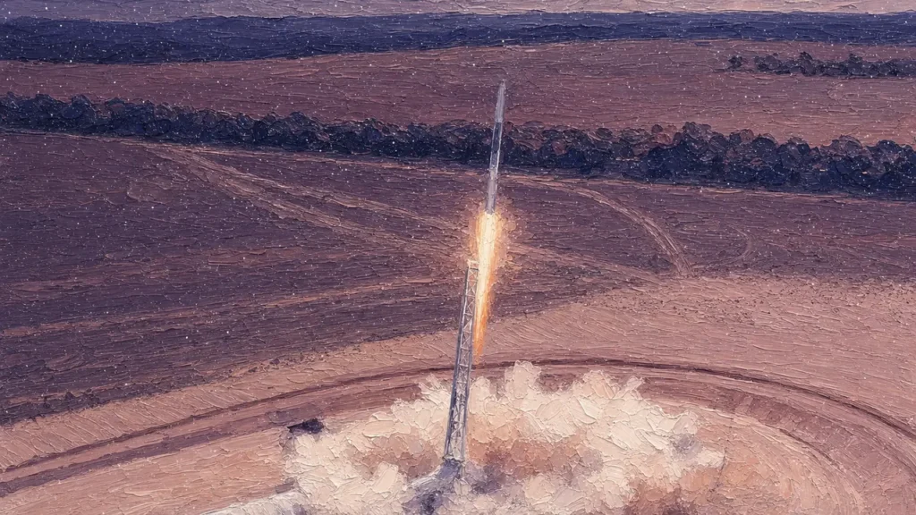 Painting-style illustration: HyImpulse SR75-1 rocket lifting off from Southern Launch’s Koonibba Test Range with exhaust plume and dust cloud.