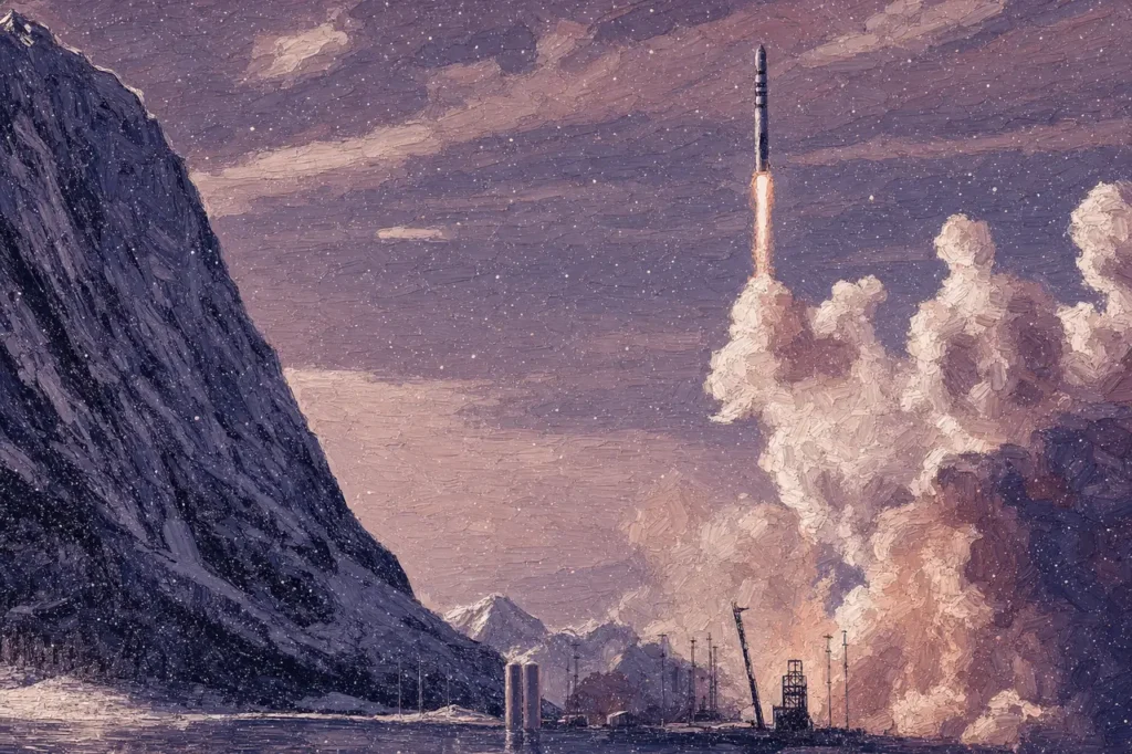 Painting-style illustration: Spectrum lifting off from a snowy coastal pad at Andøya, with exhaust plume and mountains