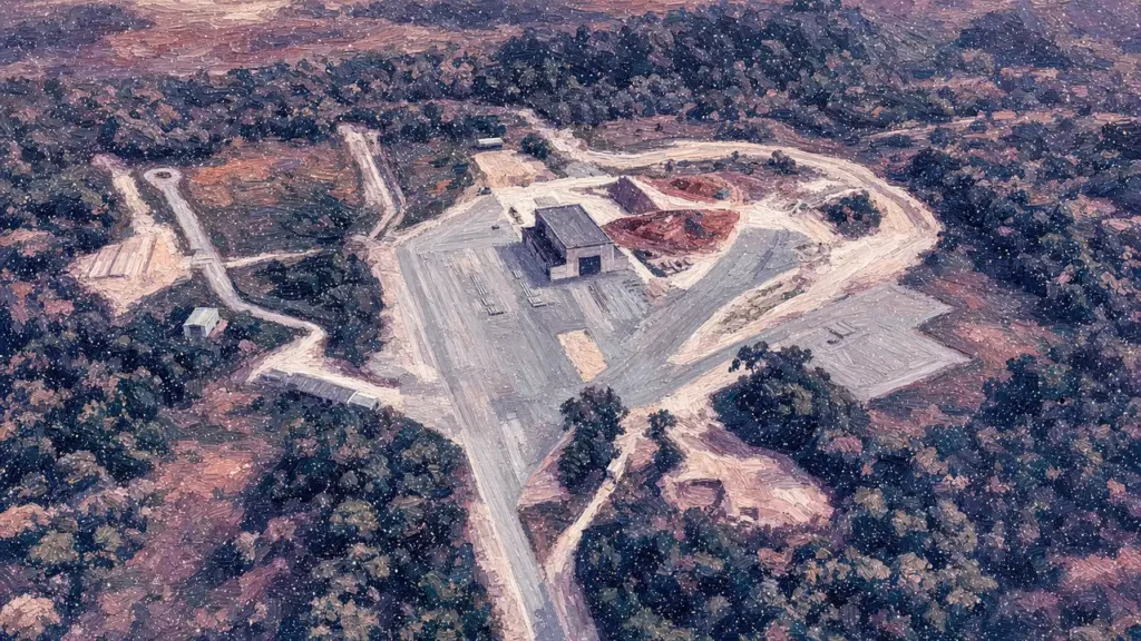 Painting-style aerial view of a cleared launch site with roads and low buildings surrounded by tropical forest near the coast in French Guiana
