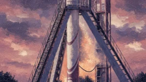 Painting-style illustration of a slender two-tone microlauncher on a launch pad with service structure.