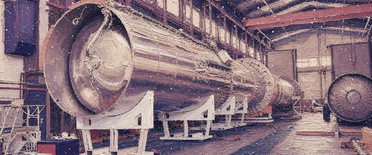 Painting-style illustration: the full Maia rocket lying on white cradles in a long factory hall