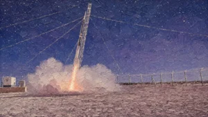 Painted image of the Duqm-1 sounding rocket leaving its launch rail at Etlaq Spaceport in Oman