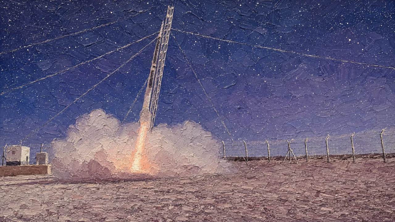 Painted image of the Duqm-1 sounding rocket leaving its launch rail at Etlaq Spaceport in Oman