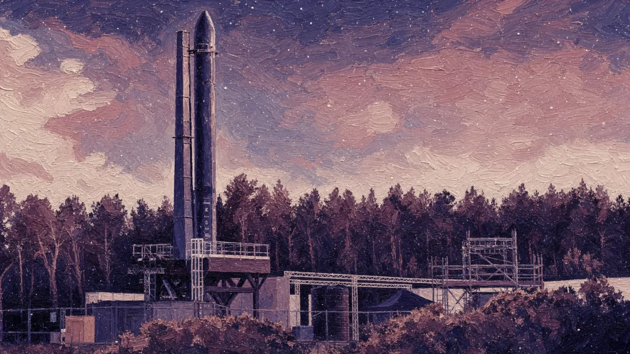 Painting-style illustration: the Orbex Prime prototype standing next to its tower on a launch platform in front of a pine forest, under an indigo and dusty rose sky with white speckles.