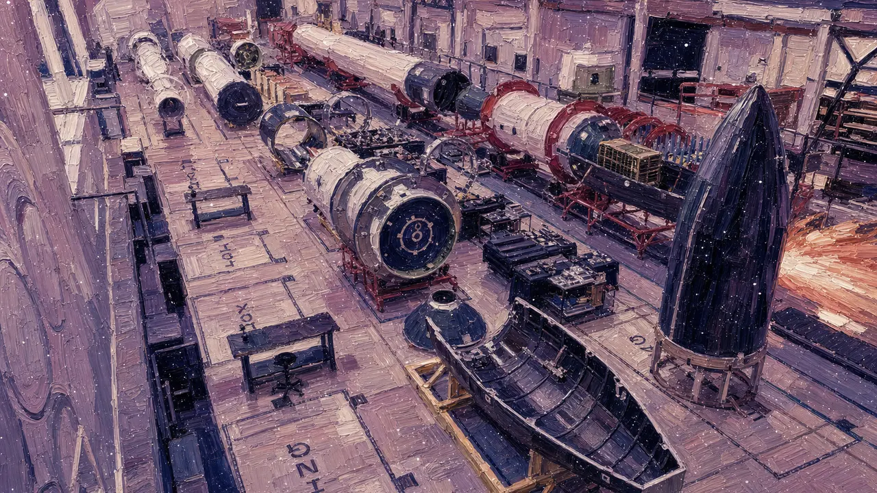 Painting-style illustration of rocket stages and fairings inside an industrial assembly hall with speckled impasto colour.