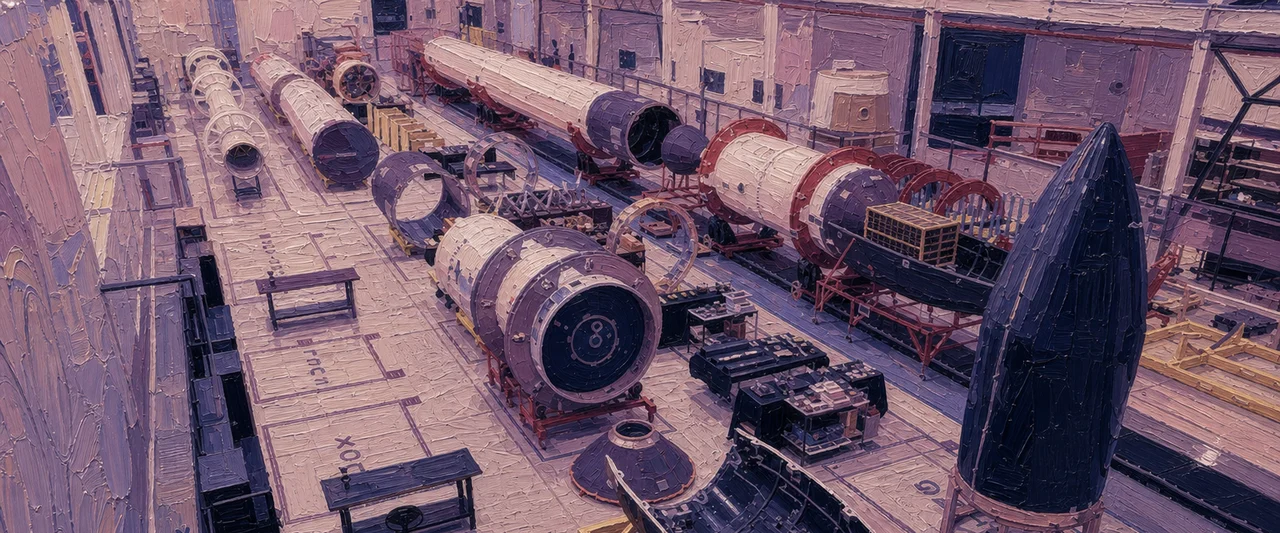 Painting-style illustration: rocket stages and fairing halves on cradles in PLD Space's integration hall