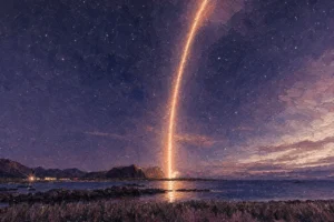 Painting-style illustration of a bright launch trail curving up from a coastal pad at dusk, with dark hills and the sea in front