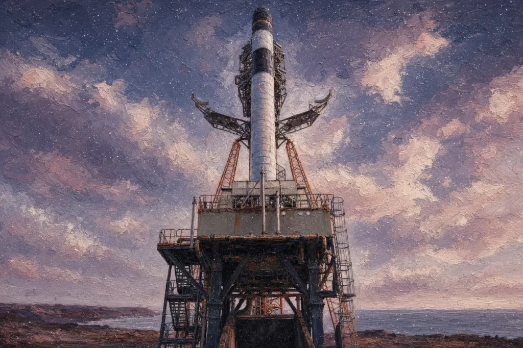 Painting-style illustration: the RFA ONE rocket standing on its launch pad beside a service tower on a coastal headland