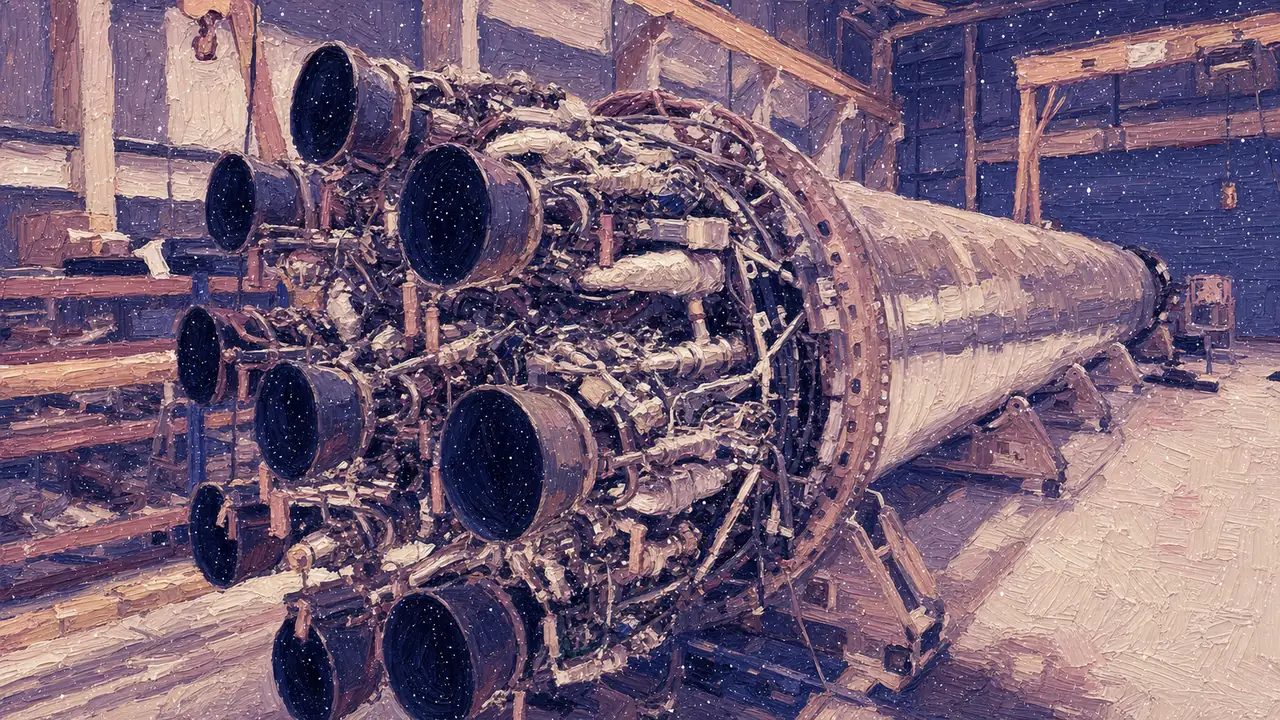 Painterly view of an RFA One first-stage aft section with nine engine nozzles.