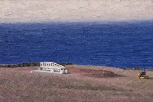 Painting-style illustration: the Malbusca launch site on Santa Maria, a concrete slab with a white mobile launch rail on a coastal meadow above the Atlantic