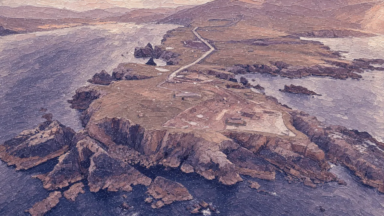 SaxaVord Spaceport site on the Lamba Ness peninsula, Unst, seen from the air, painted in indigo and mauve tones