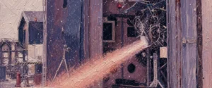 Painting-style illustration: a rocket engine firing sideways out of an open metal test cell, with a long pink exhaust plume and white vapour above