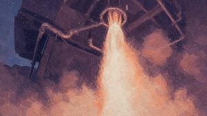 Painted image of a Skyrora rocket engine firing on a test stand