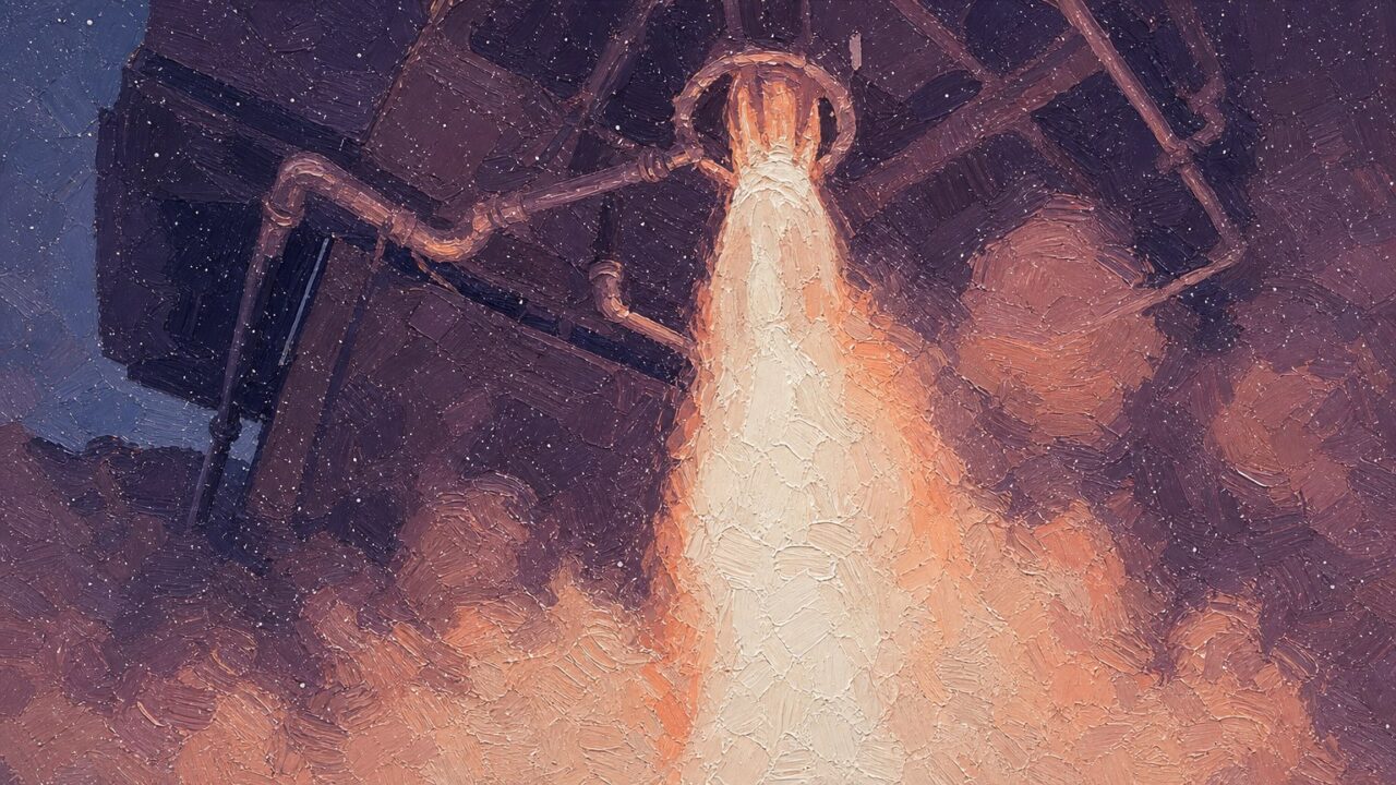 Painted image of a Skyrora rocket engine firing on a test stand