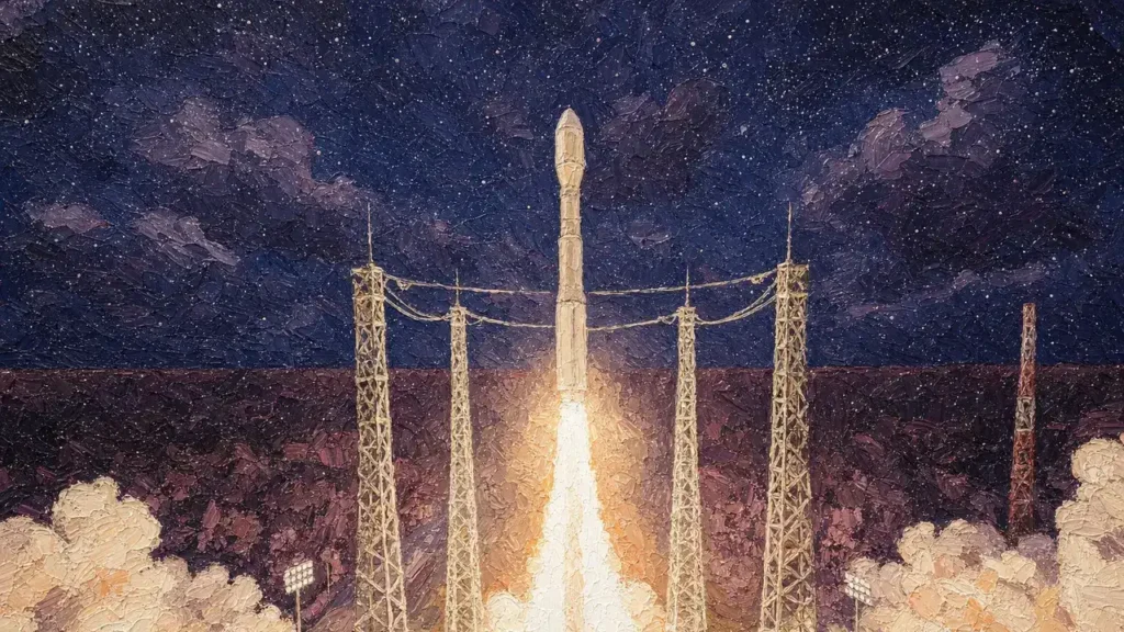 Painting-style illustration: Vega C, a slim single-body rocket, rising between four lattice lightning towers above white smoke at night