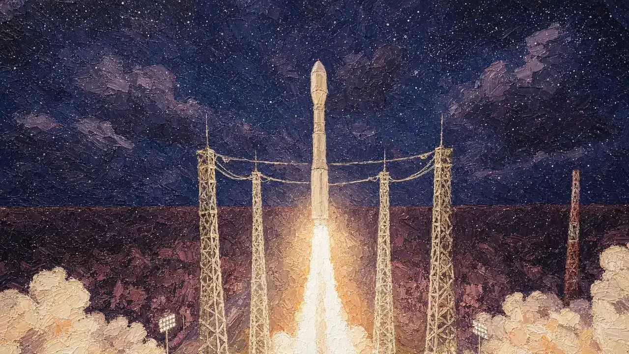 Painting-style illustration: Vega C, a slim single-body rocket, rising between four lattice lightning towers above white smoke at night